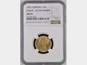 1872 VICTORIA SHIELD GOLD SOVEREIGN AU55