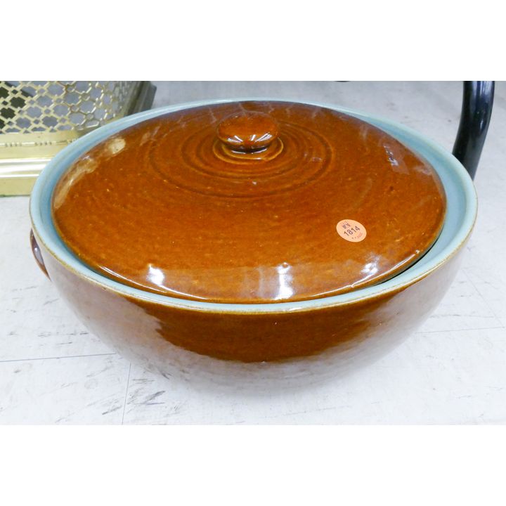 Vintage Brownware Large Covered Pottery Server- 15'' diameter