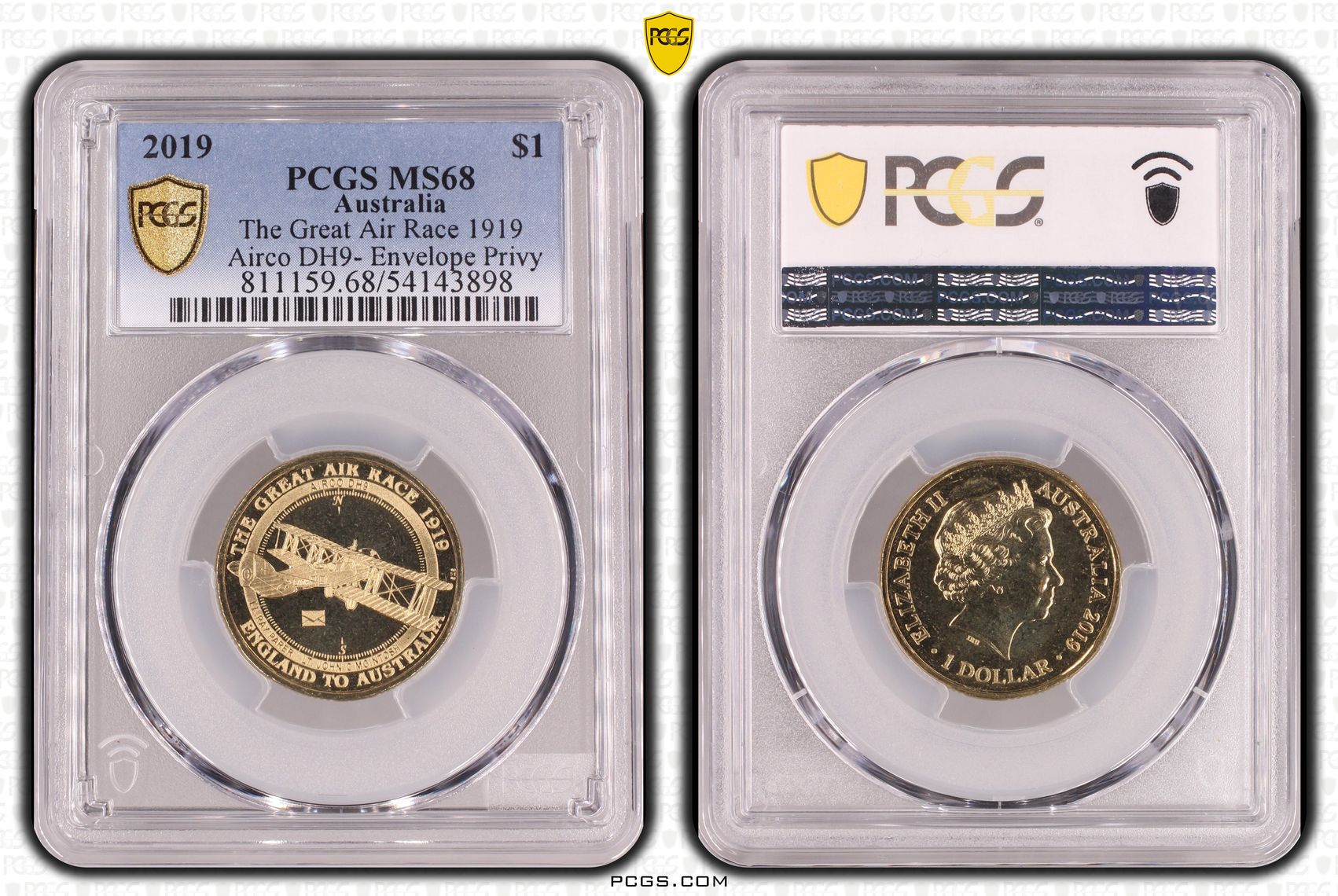 The Great Air Race 1919 Airco DH9- Envelope Privy, One Dollar, 2019, PCGS MS68