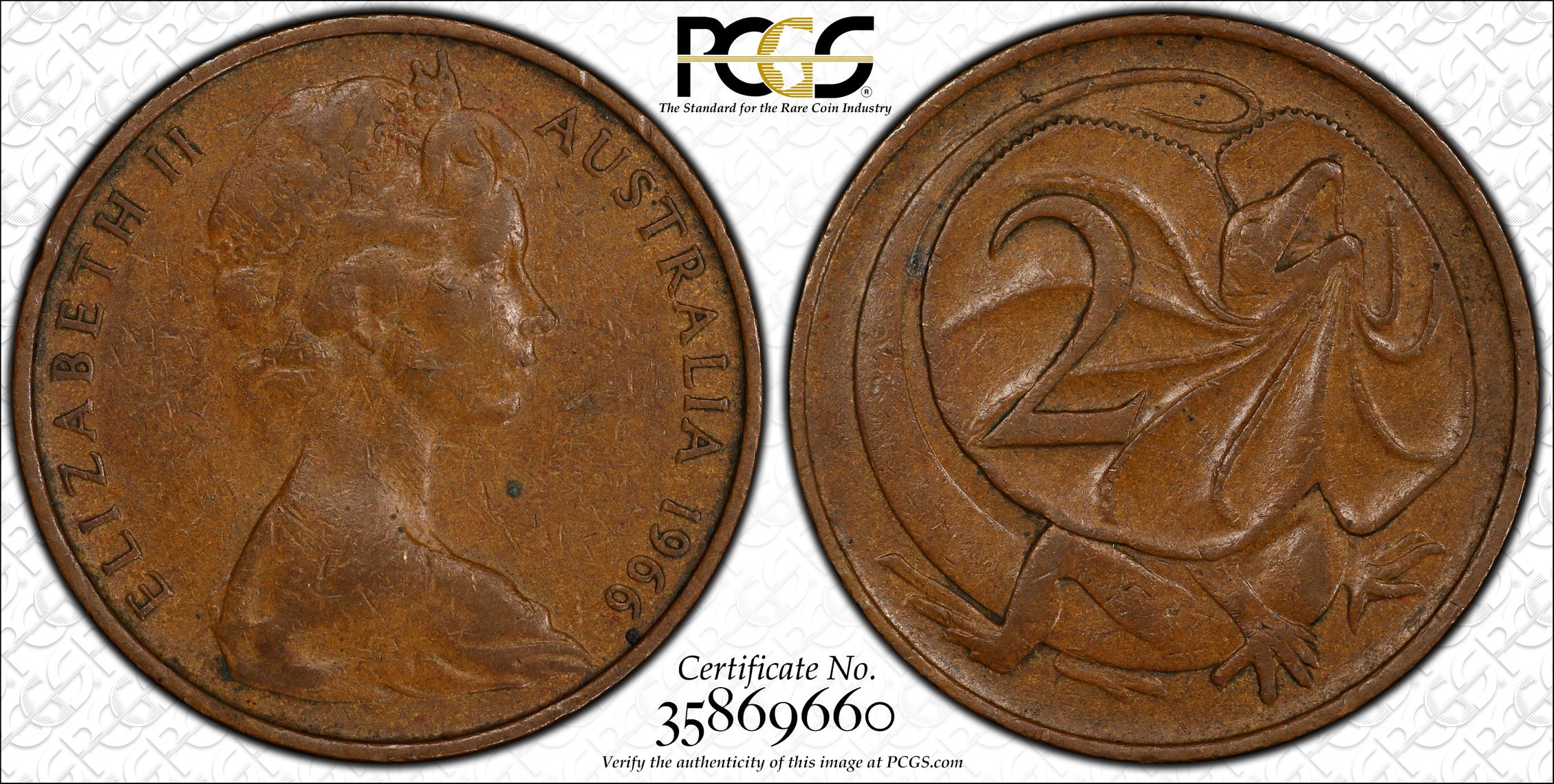 1966(p) Australia Two Cent, 2c w/o SD initials PCGS - AU53BN -660