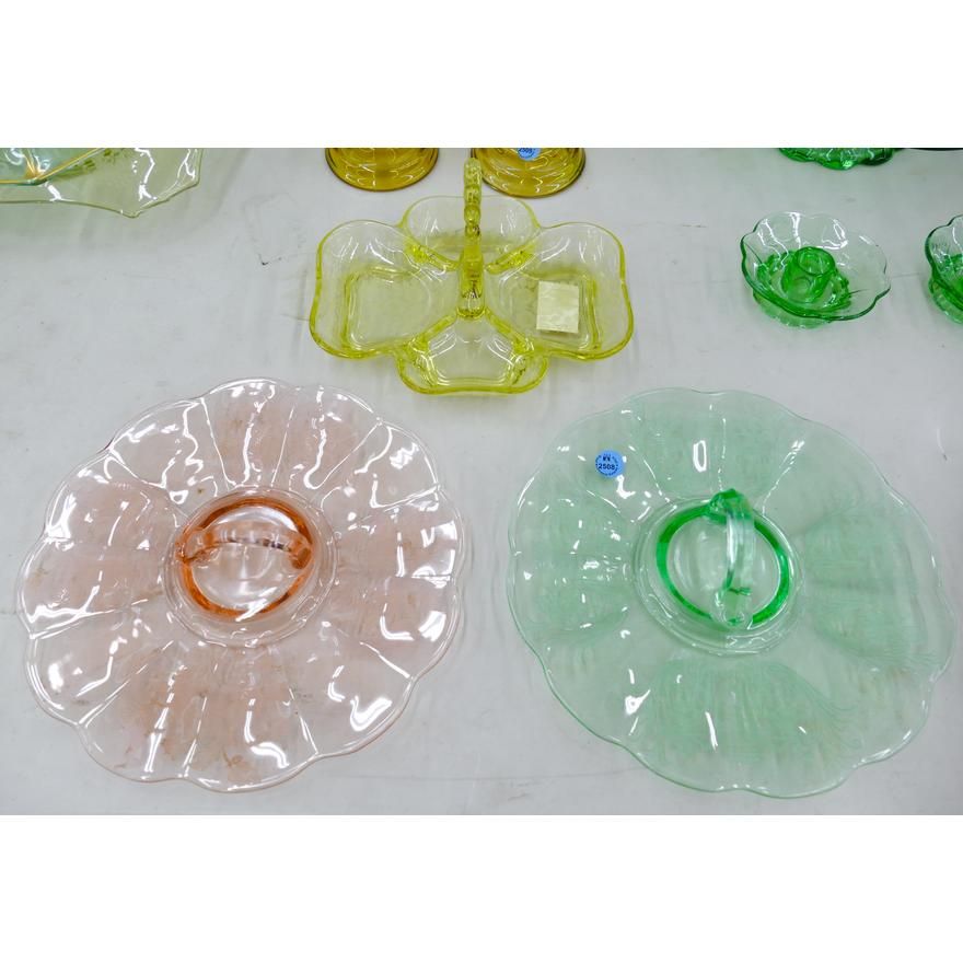 3pc Colored Etched Glass Serving Trays Etc.