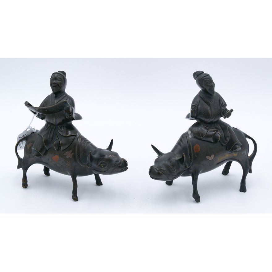 Pair Antique Chinese Silver Inlaid Bronze Scholars