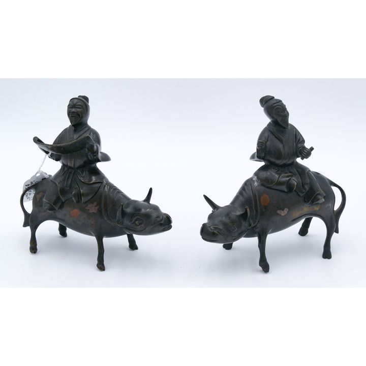 Pair Antique Chinese Silver Inlaid Bronze Scholars