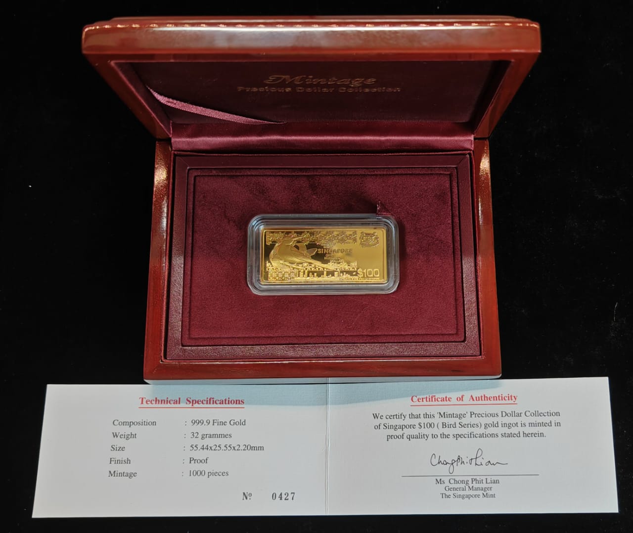 Singapore Bird $100 Gold Ingot 32g 999.9 Gold with Original Cert 0427 & Box  | Monetarium Singapore Private Limited