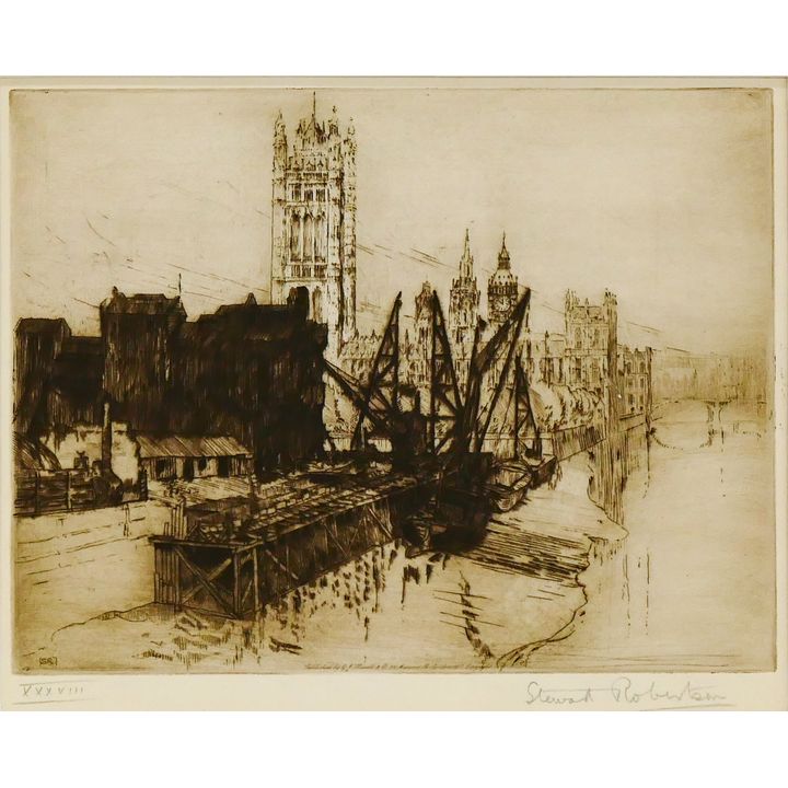 Stewart Robinson ''St. Stephens from Lambeth Bridge'' Signed Etching