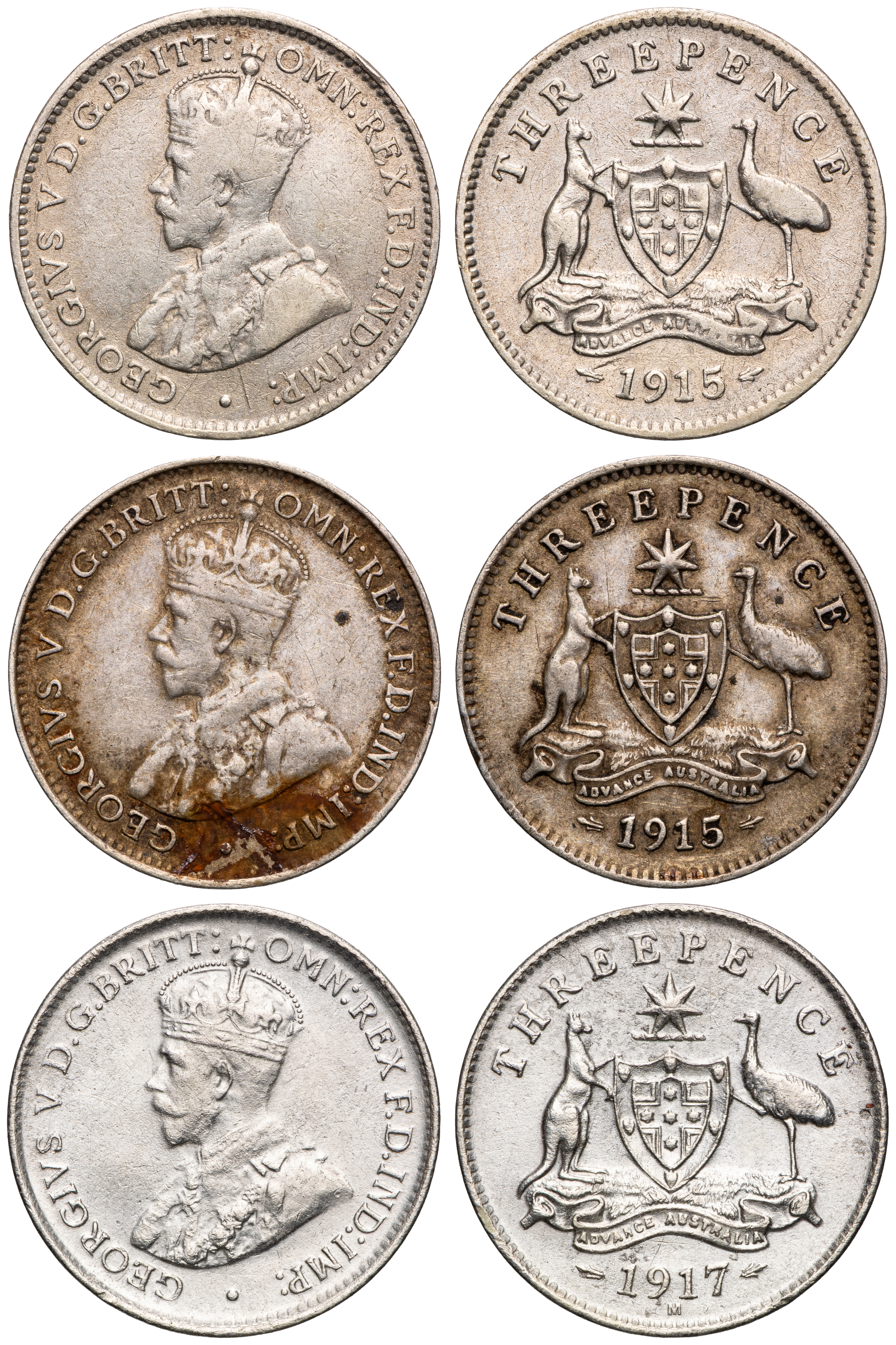 George V, Threepence, 1915 - 1917-M, aF - aUNC