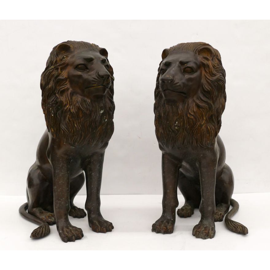 Pair Old Bronze Lion Sculptures 18''