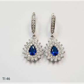 STERLING SILVER DROP EARRINGS BLUE TEAR DROP CENTER WITH CUBICS - 50692/221