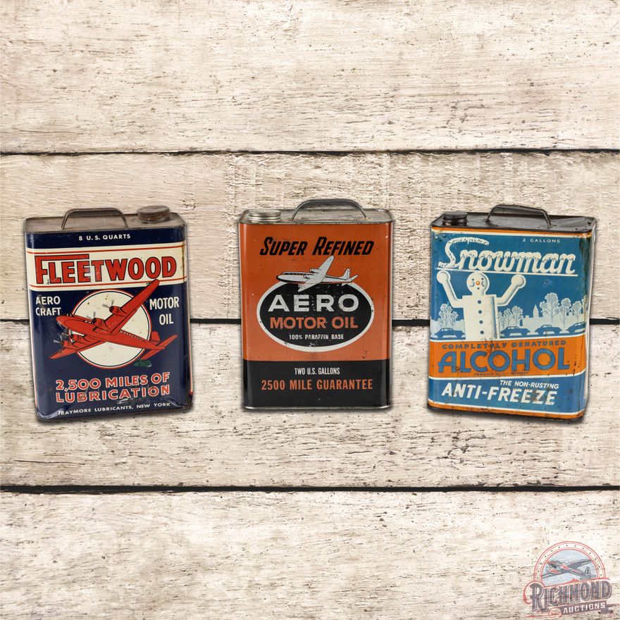 Group of Three Graphic 2 Gallon Motor Oil Cans Fleetwood Aero & Snowman