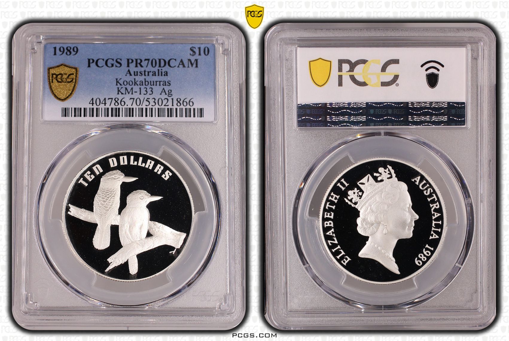 Elizabeth II, Kookaburras KM-133 Silver, 22/0, Ten Dollar, 1989, PCGS PR70DCAM