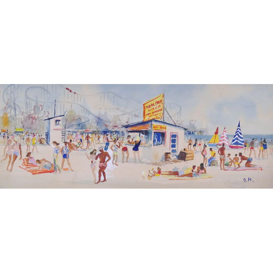 Ocean Park Summer Beach Scene Watercolor Painting signed D.H.- Framed 19x36''