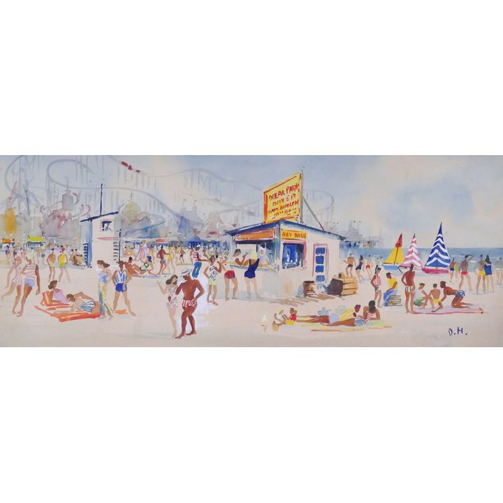 Ocean Park Summer Beach Scene Watercolor Painting signed D.H.- Framed 19x36''