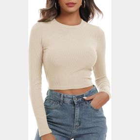 ARTFISH WOMEN'S ROUND NECK LONG SLEEVE KNIT RIBBED FITTED CROP TOP CASUAL BASIC SHIRTS