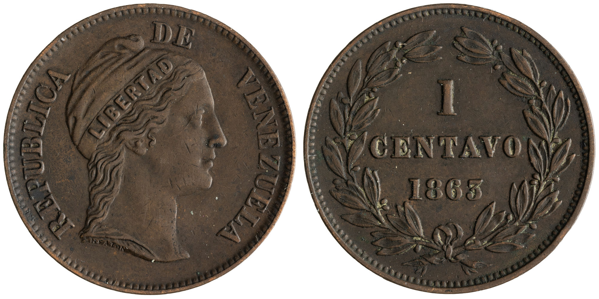 Venezuela, One Centavo, 1863, VF