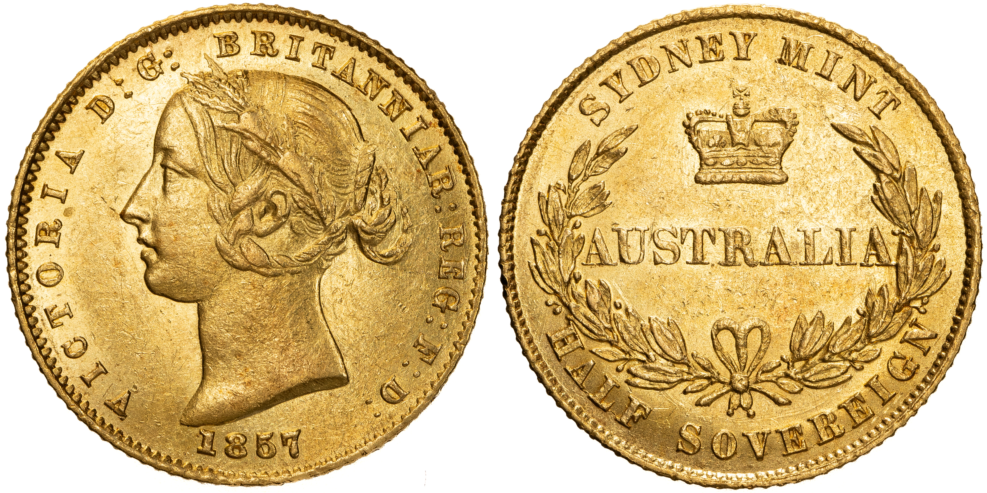 Victoria, Sydney Mint Reverse - Type II, Half Sovereign, 1857, aUNC