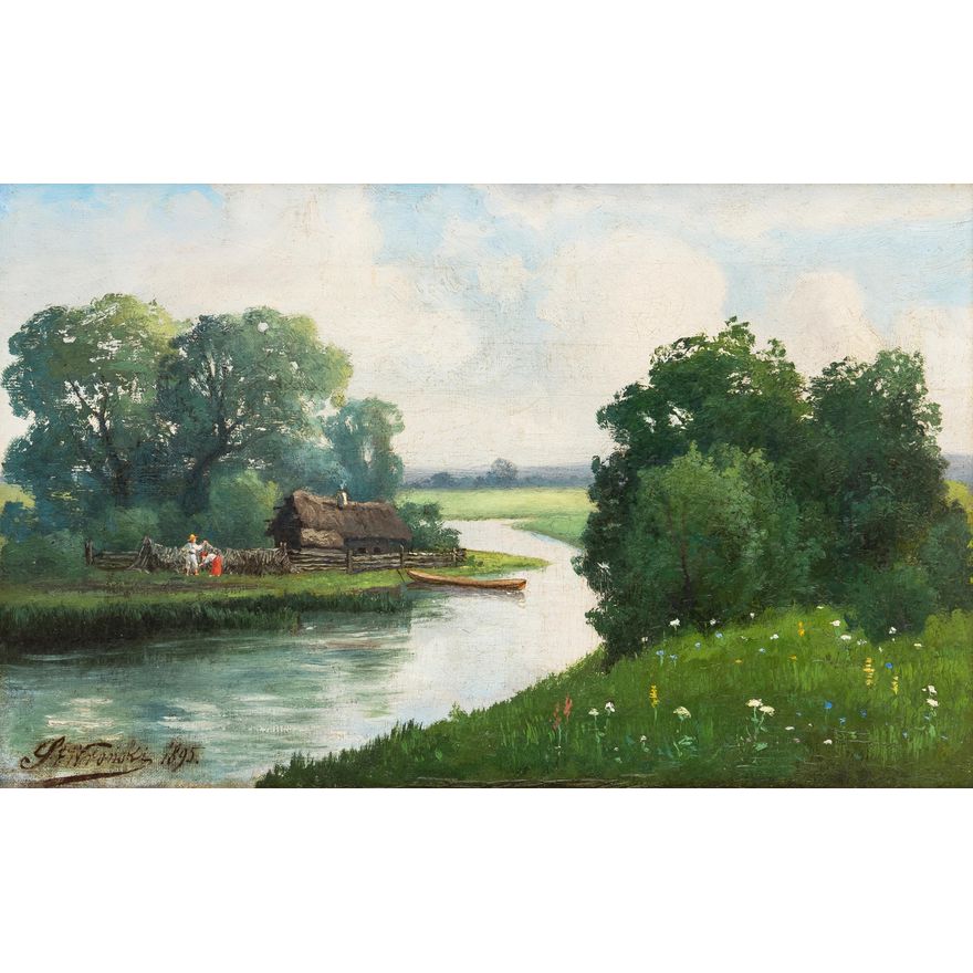 Stanisław Wroński | Pejzaż z rybacką chatą nad rzeką, 1895 r.