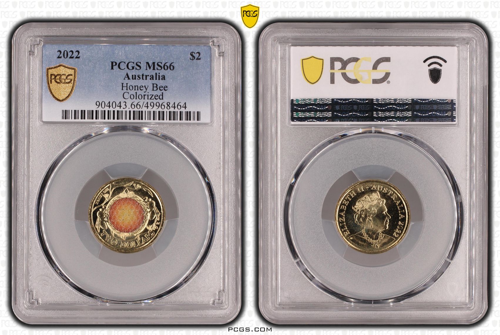 Honey Bee Colourised, Two Dollar, 2022, PCGS MS66