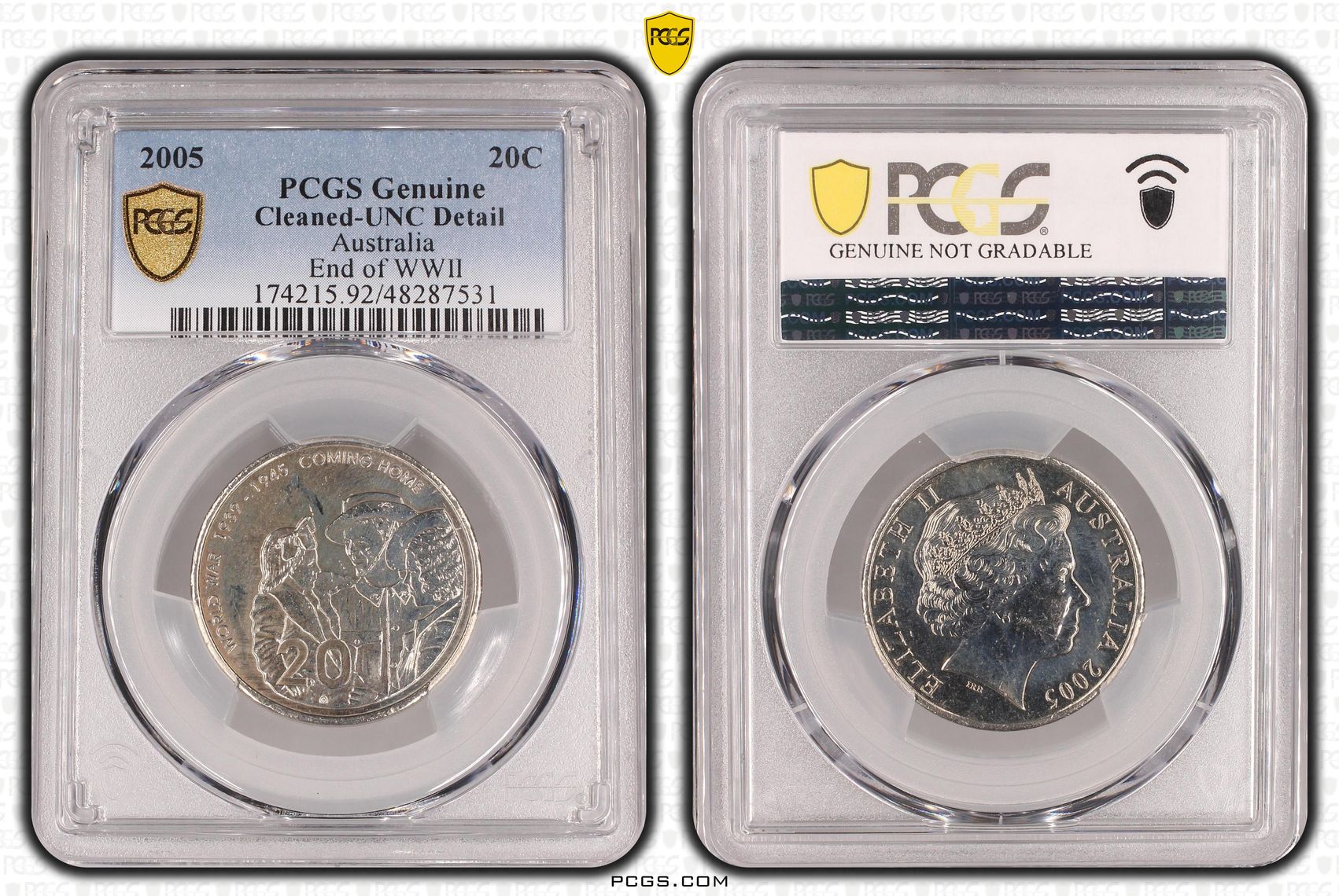 270 · Elizabeth II, End of WWII, Twenty Cent, 2005, PCGS Genuine  - UNC Details (92 - Cleaned)