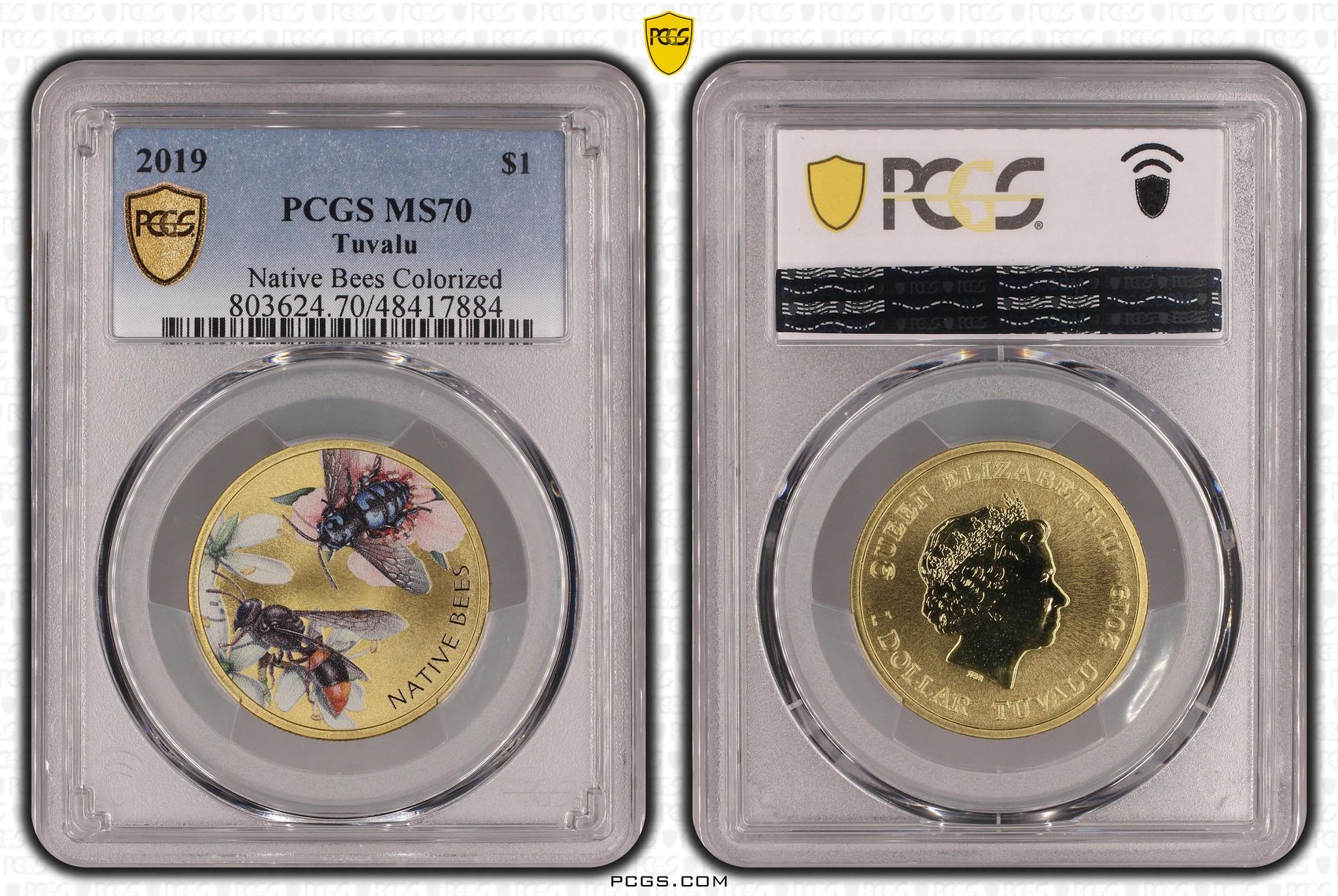 Elizabeth II, Native Bees Colorized, POP 12/0, One Dollar, 2019, PCGS MS70