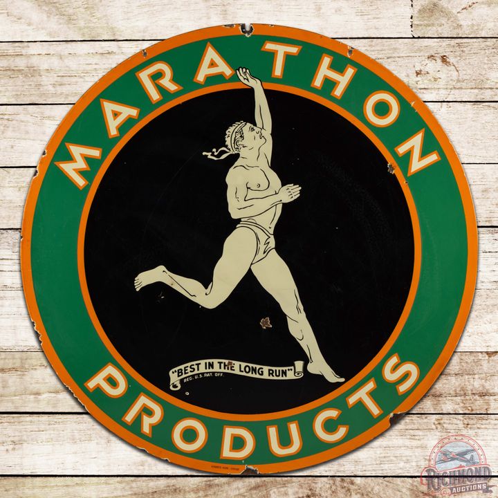 Marathon Products "Best in the Long Run" 48" Double Sided Porcelain Sign w/ Running Man