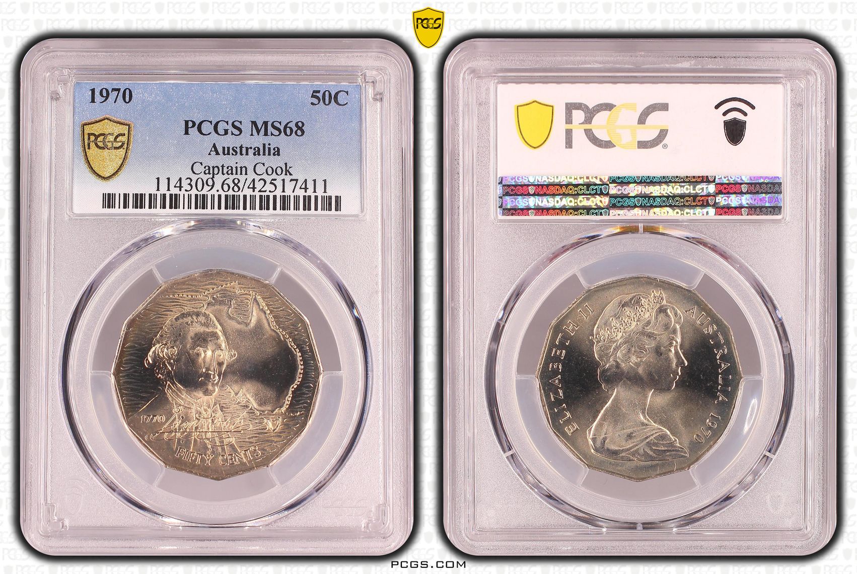 1970 Australia Fifty Cent, 50c Cook PCGS - MS68 -411