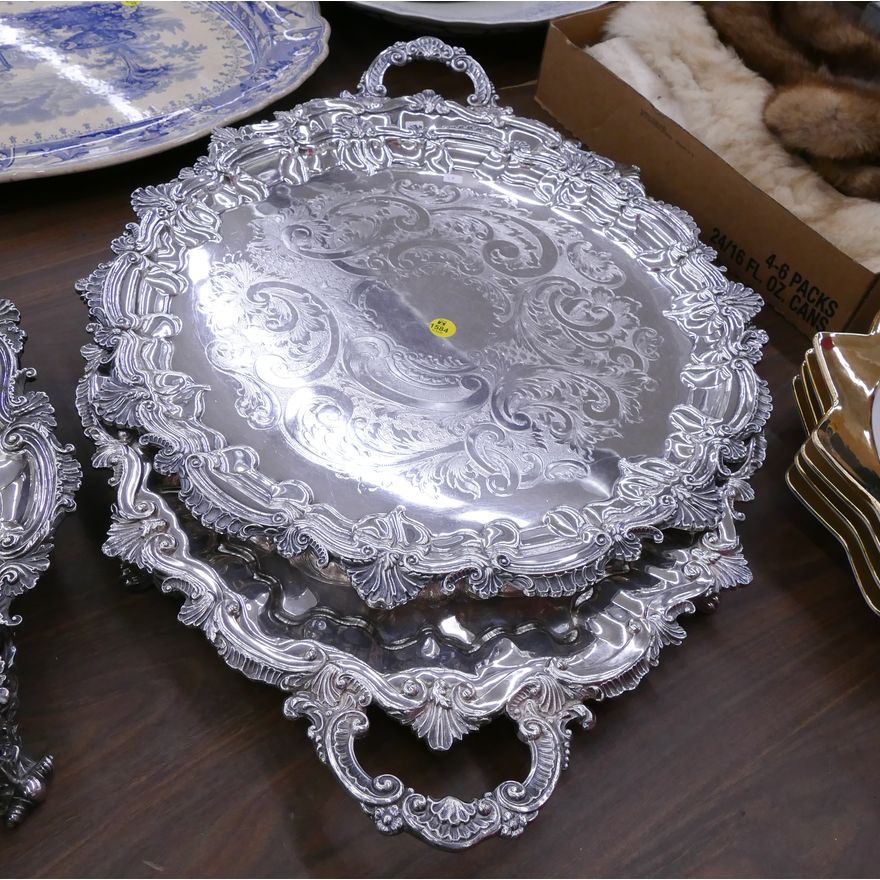 2pc Ornate Sheffield Plate Salver and Service Tray- 19'' and 28''