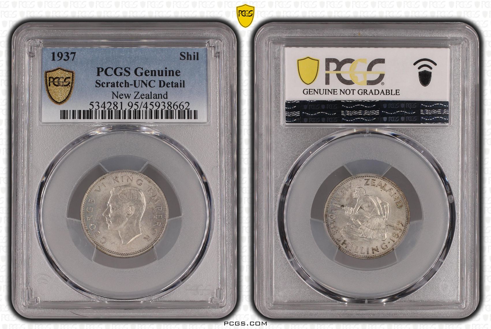 1937 New Zealand Shilling PCGS - Genuine - UNC Details (95 - Scratch) -662
