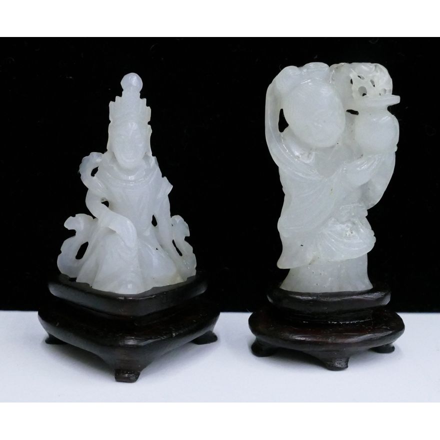 2pc Chinese Qing White Jade Carvings on Stands