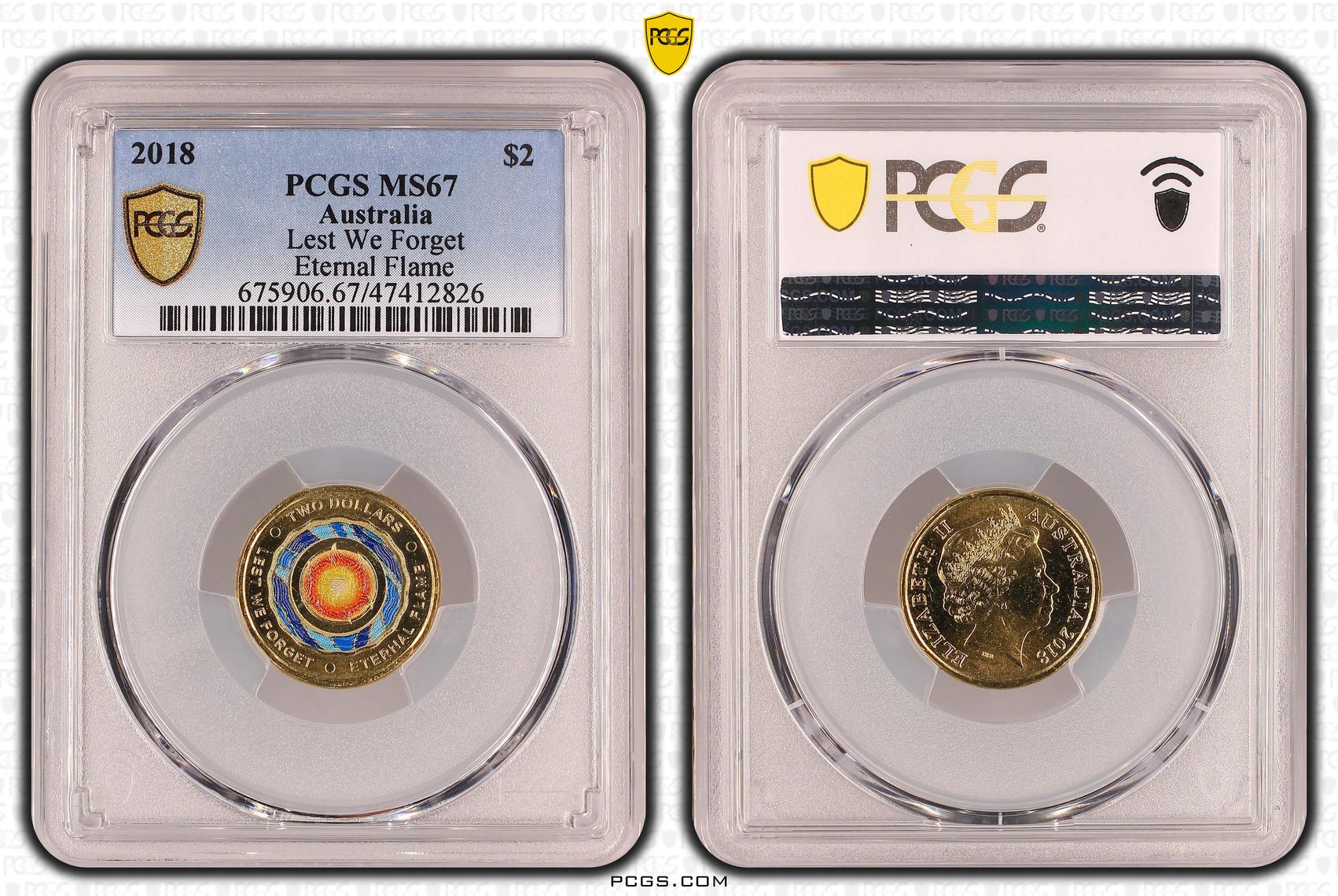465 · Elizabeth II, Lest We Forget - Eternal Flame Colorized , Two Dollar, 2018, PCGS MS67