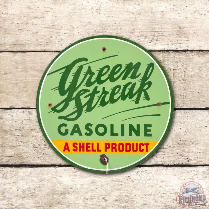 12" Green Streak Gasoline "A Shell Product" Porcelain Pump Sign TAC 8.9