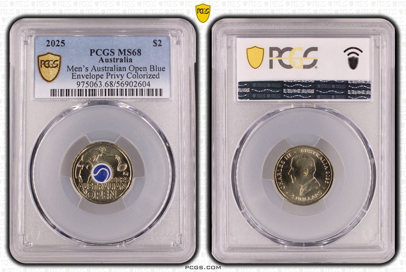 Men's Australian Open Blue Envelope Privy Colorized, Two Dollar, 2025, PCGS MS68