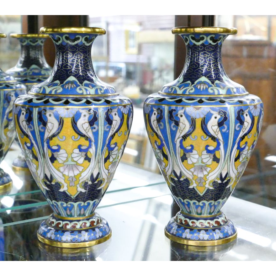 Pair Chinese Cloisonne Phoenix Vases 6''