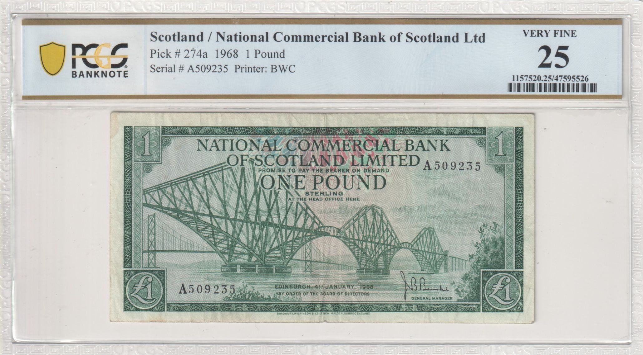 Scotland, National Commercial Bank of Scotland Ltd, BWC, One Pound, 1968, PCGS Very Fine 25