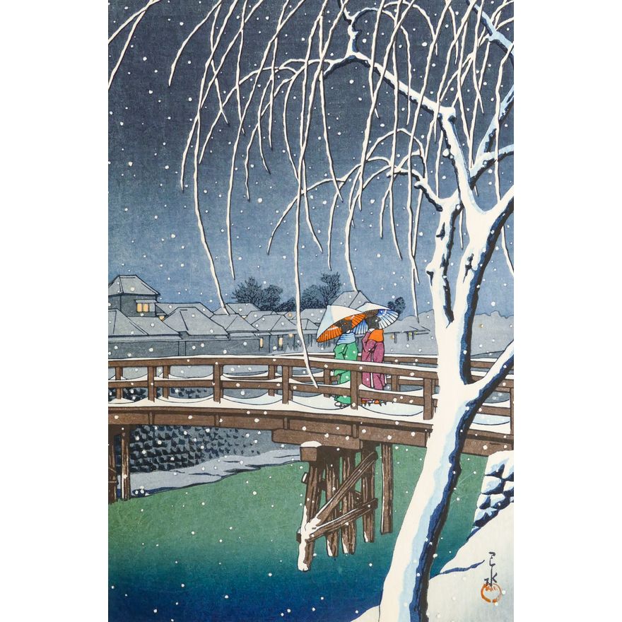 Kawase Hasui ''Evening Snow at The Edogawa River'' Woodblock