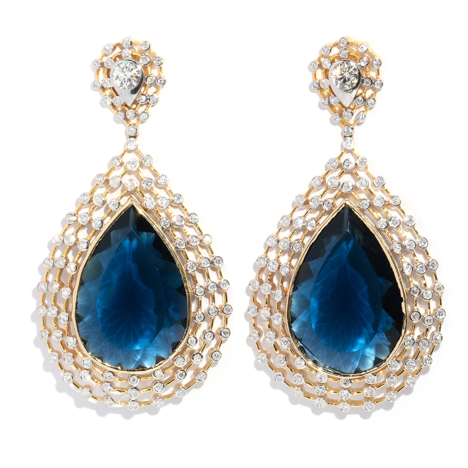 Large 14 carat gold Diamond and glass earrings