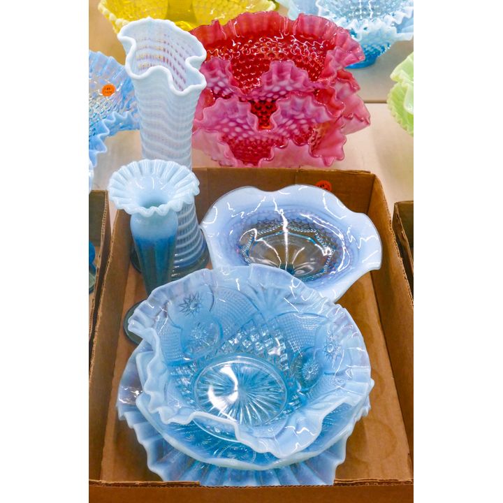 Box 6pc Blue Opalescent Glass Vases & Bowls