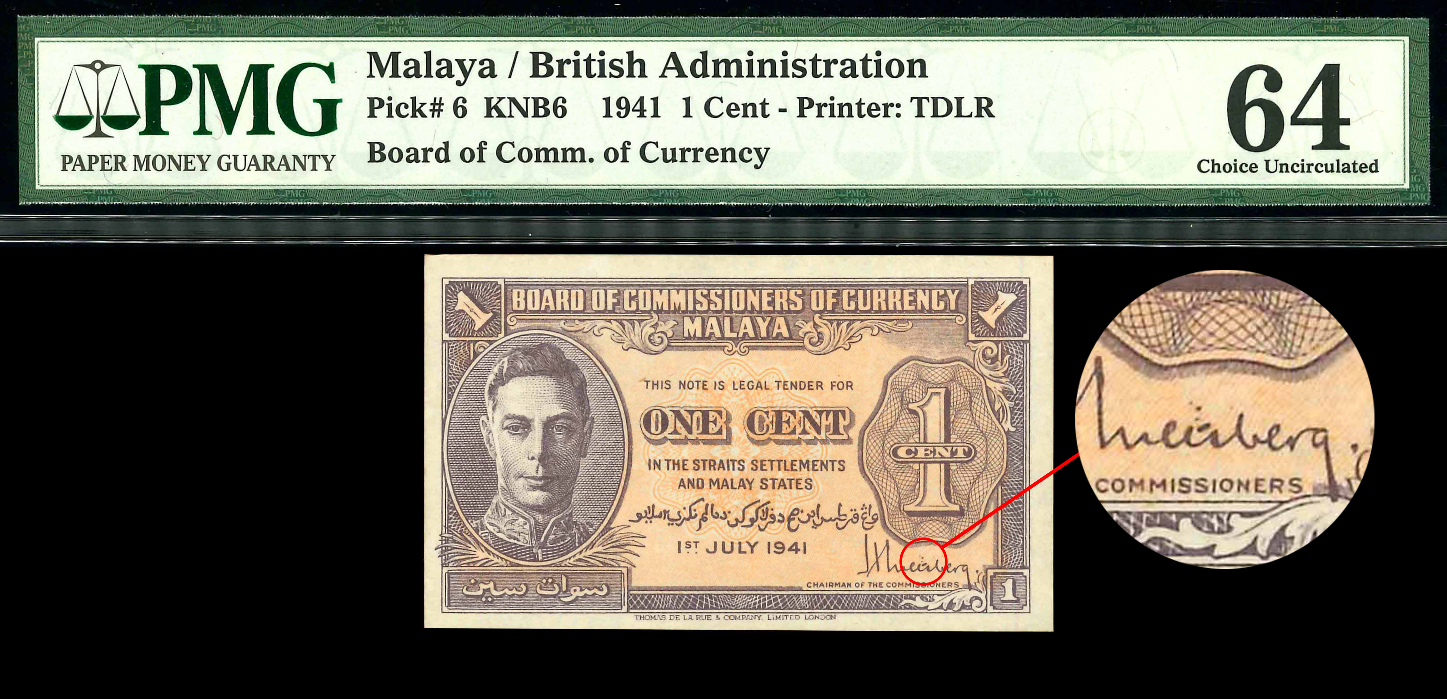 Malaya, 1941, 1 Cent, P-6, Dot variety on the signature of H 