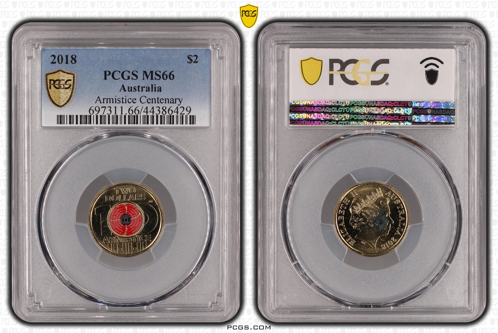 Armistice Centenary Colourised, Two Dollar, 2018, PCGS MS66