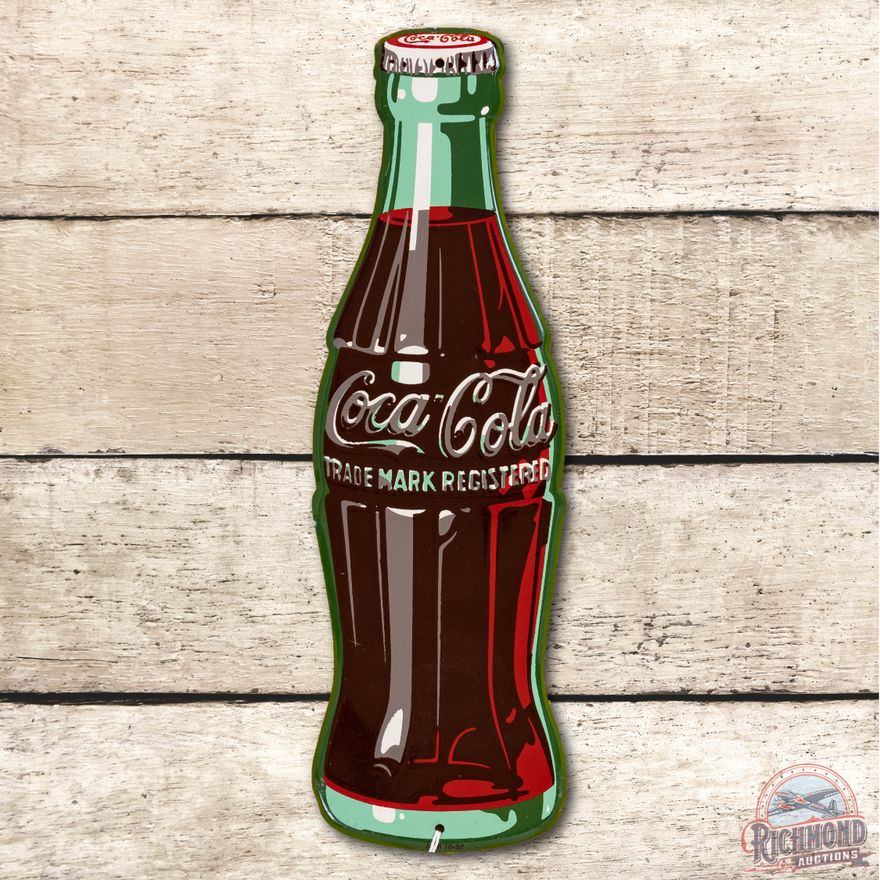 1957 Coca-Cola Bottle Shaped Embossed Metal Sign TAC 9