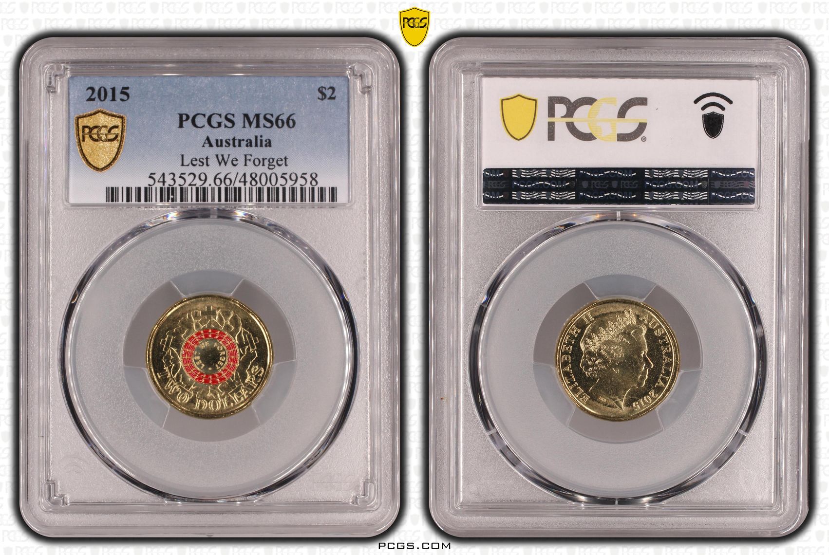 450 · Lest We Forget Colourised, Two Dollar, 2015, PCGS MS66