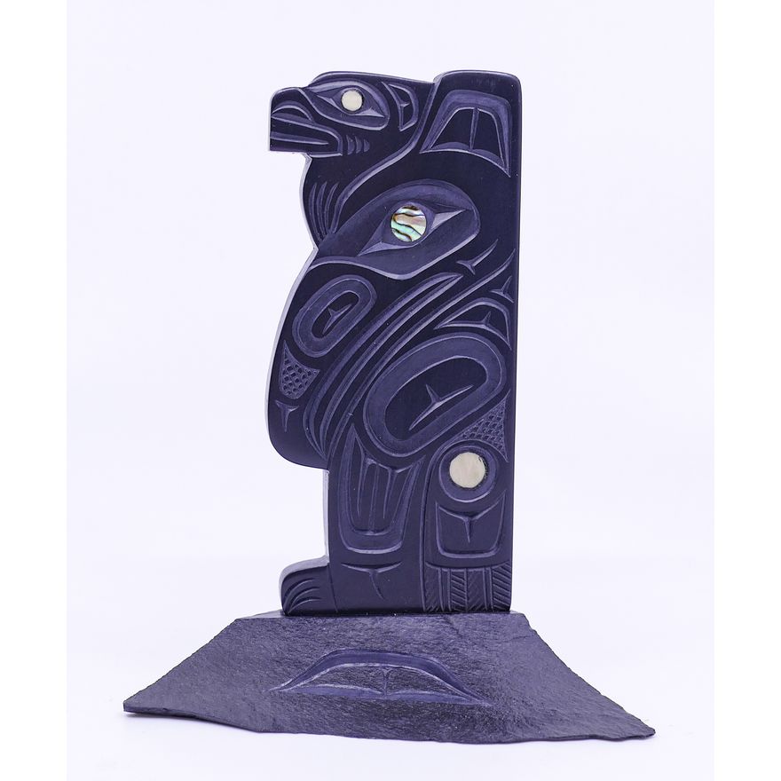 Glen Pollard Raven & Frog Argillite Totem Model- 4.25''