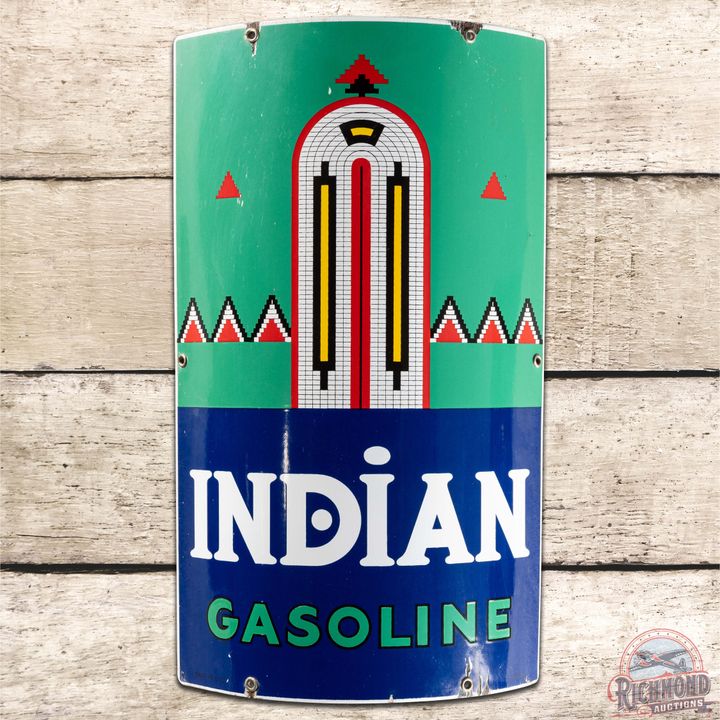 1941 Indian Gasoline Curved SS Porcelain Pump Plate Sign