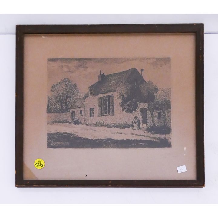 Antique Jean Charles Millet Signed French Country House Etching- 12x14''