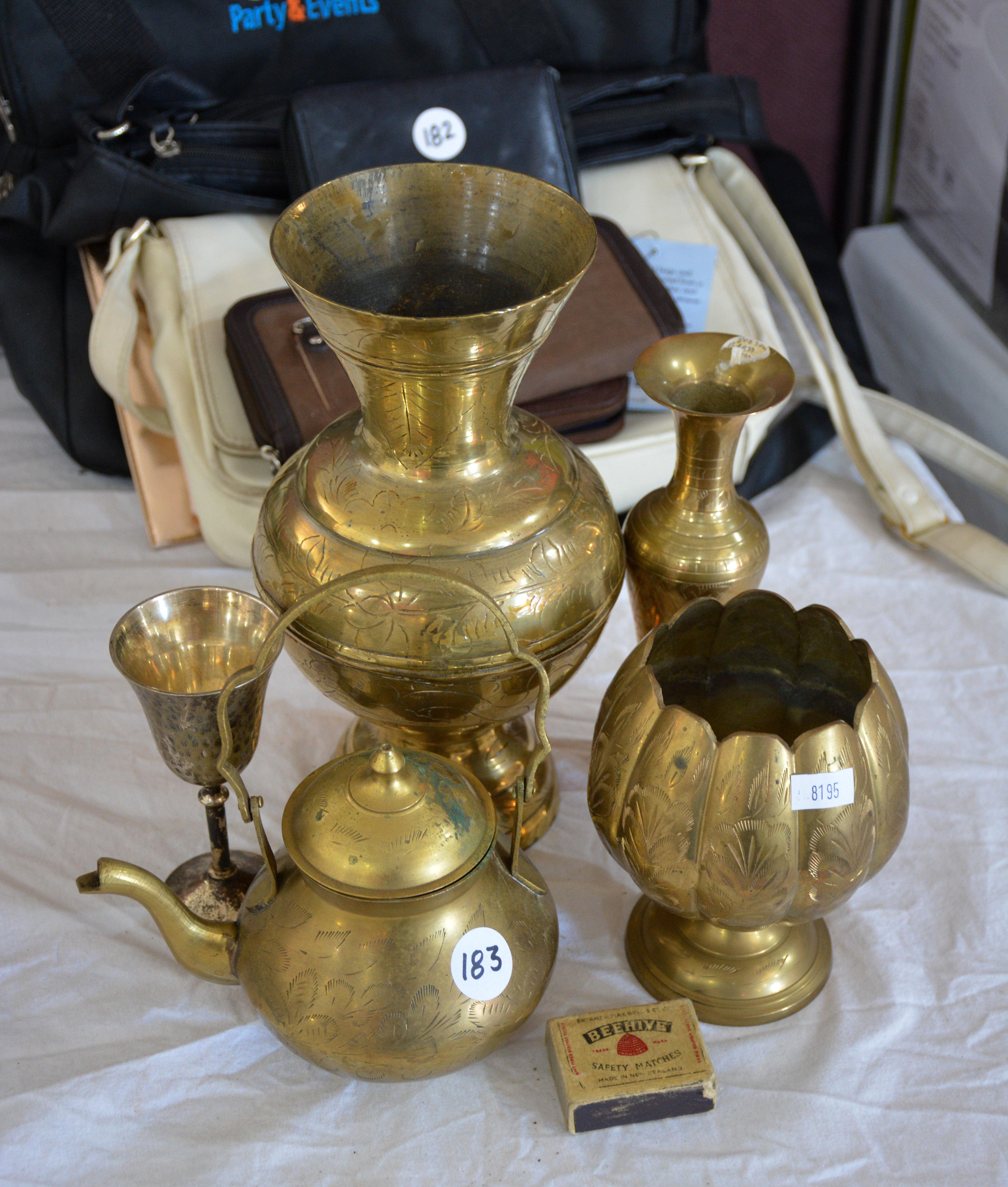 Brass Vases x 3, Teapot and Goblet — sold at auction in New Zealand for $25