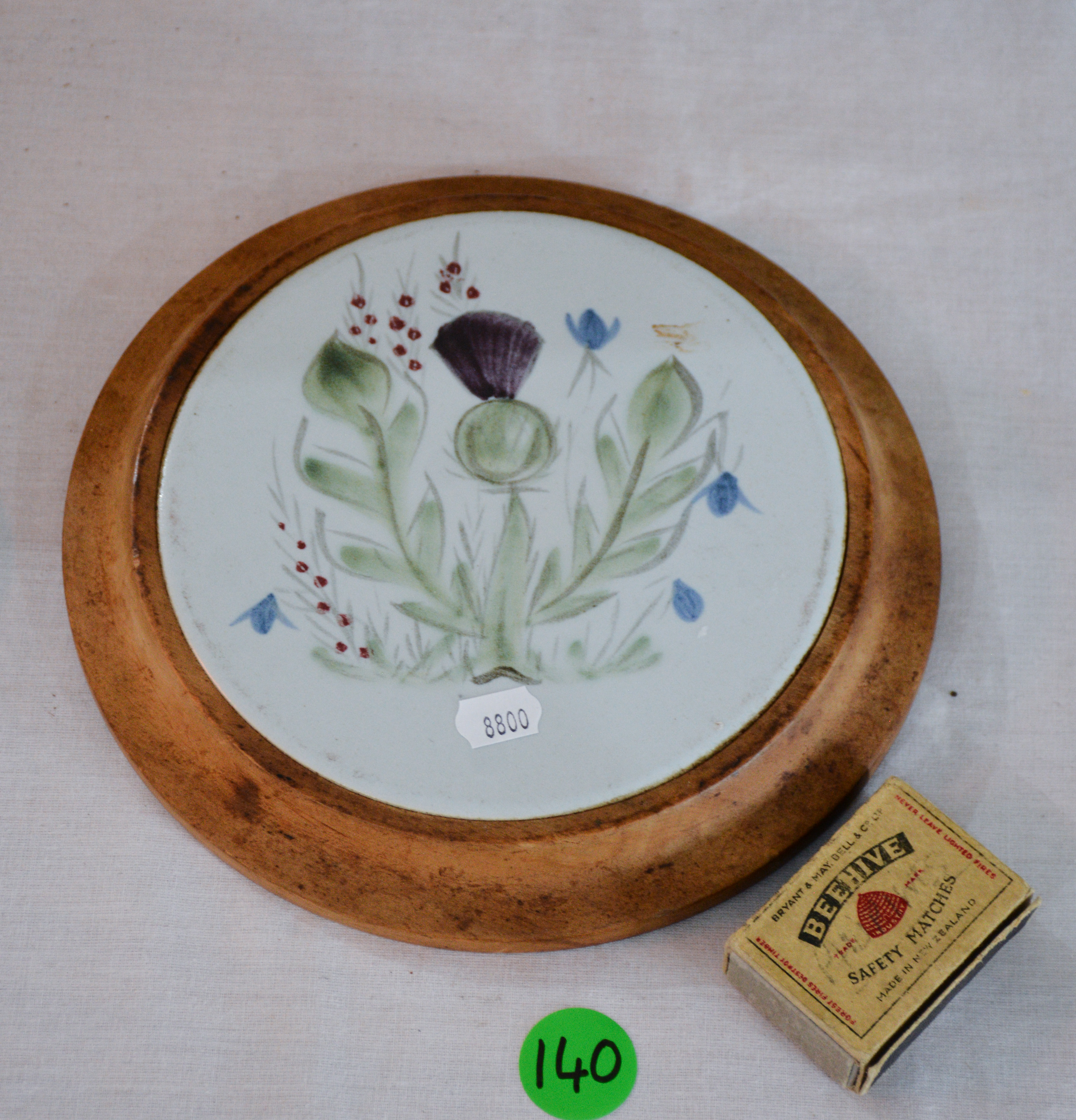 Circular Handpainted Tile in Wood Frame — NZ auction result