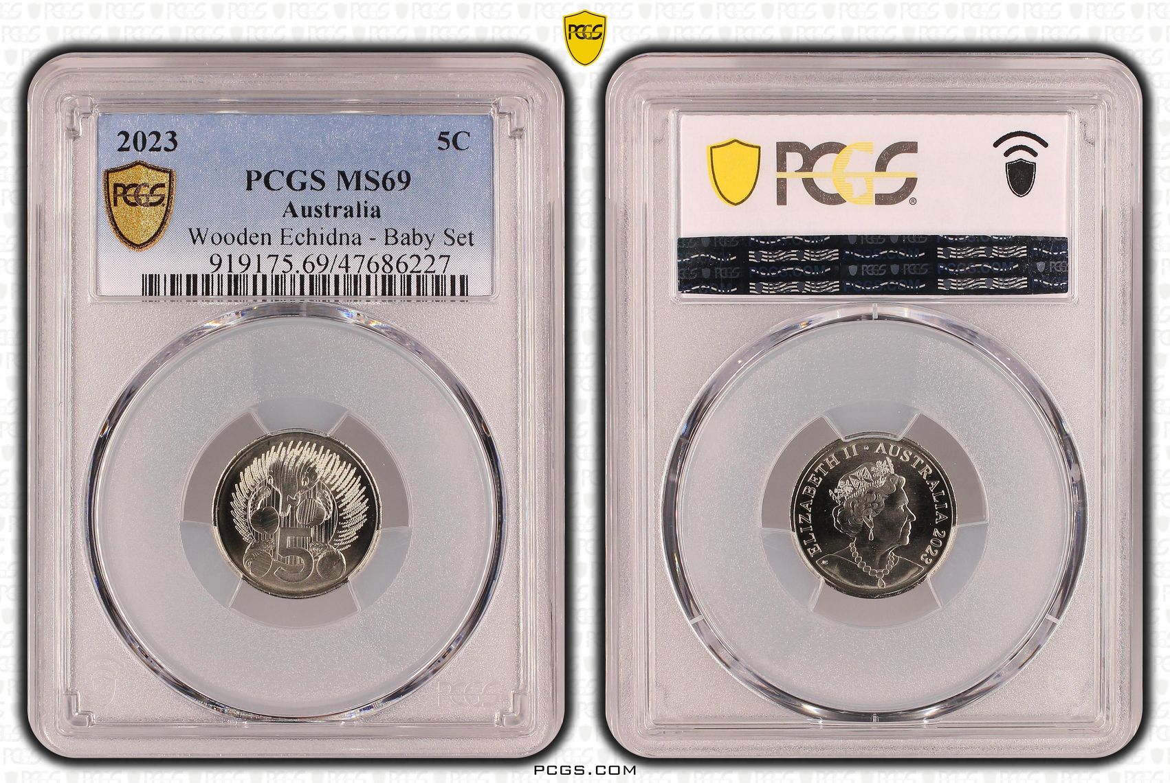 Wooden Echidna - Baby Set , Five Cent, 2023, PCGS MS69