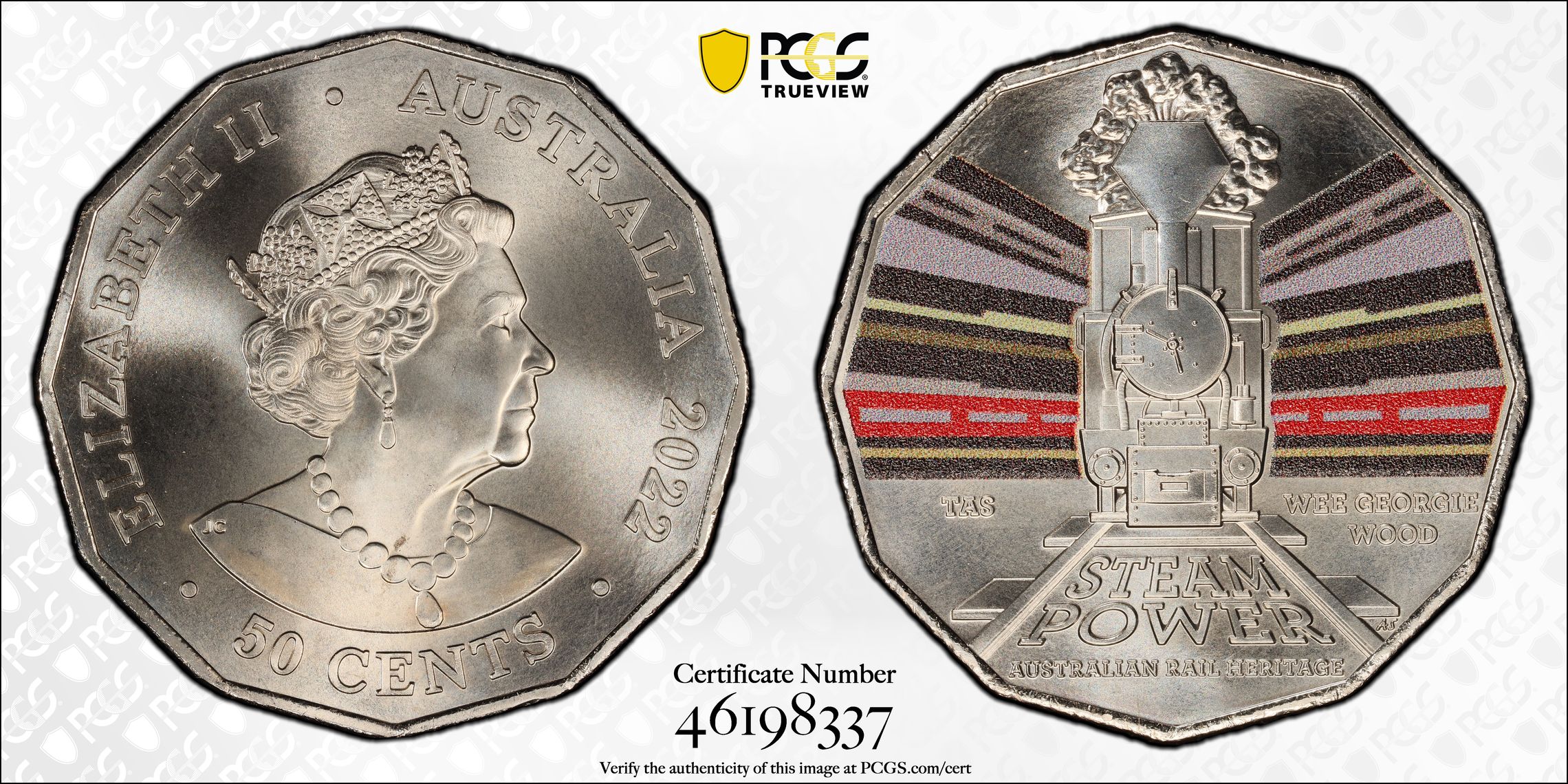 210 · Elizabeth II, Tasmania Wee Georgie Wood - Australian Rail Heritage , Fifty Cent, 2022, PCGS MS69