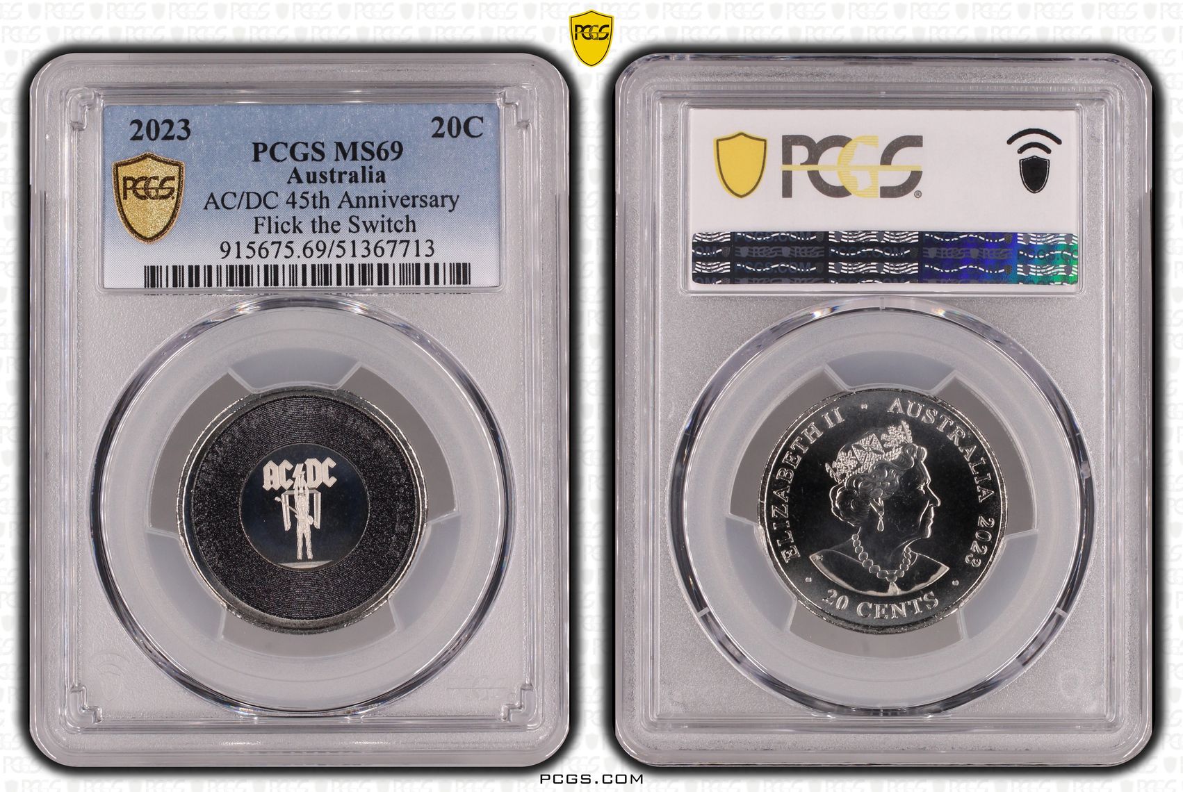 AC/DC 45th Anniversary - Flick the Switch, Twenty Cent, 2023, PCGS MS69
