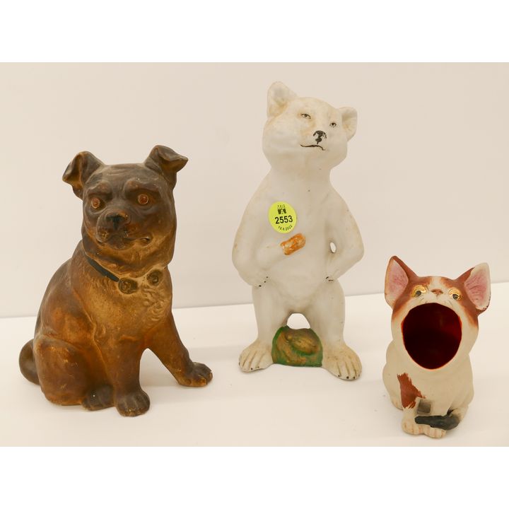 3pc Antique Dog & Bear Ceramic Figurines- 3'' to 7''