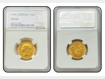 1846 VICTORIA YOUNG HEAD LONDON MINT SHIELD GOLD SOVEREIGN NGC AU50